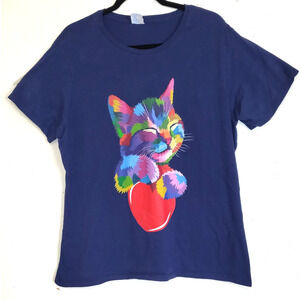 Cat Kitten Tshirt Top Port Company XXL Art To Wear Rainbow Colors Navy Blue